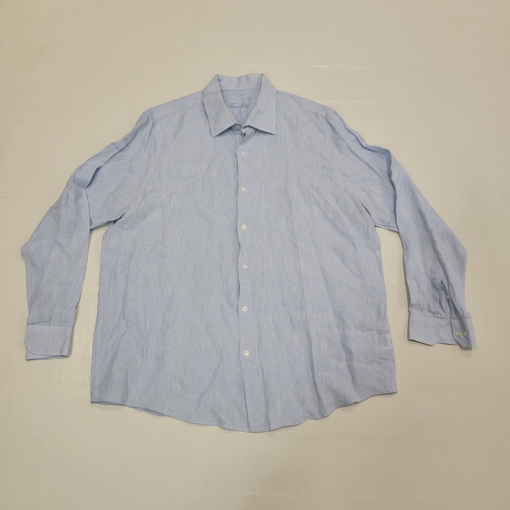Tasso Elba‎ Mens Size XXL 100% Blue Linen Long Sleeve Button Up Shirt  Collared